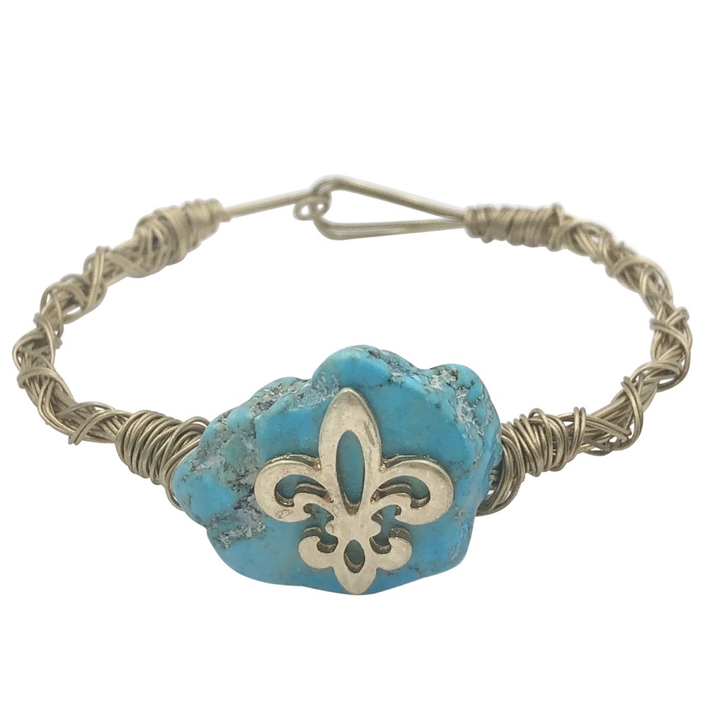 Turquoise Stone Fleur De Lis Wire Wrapped Artesian Hook Bangle Bracelet